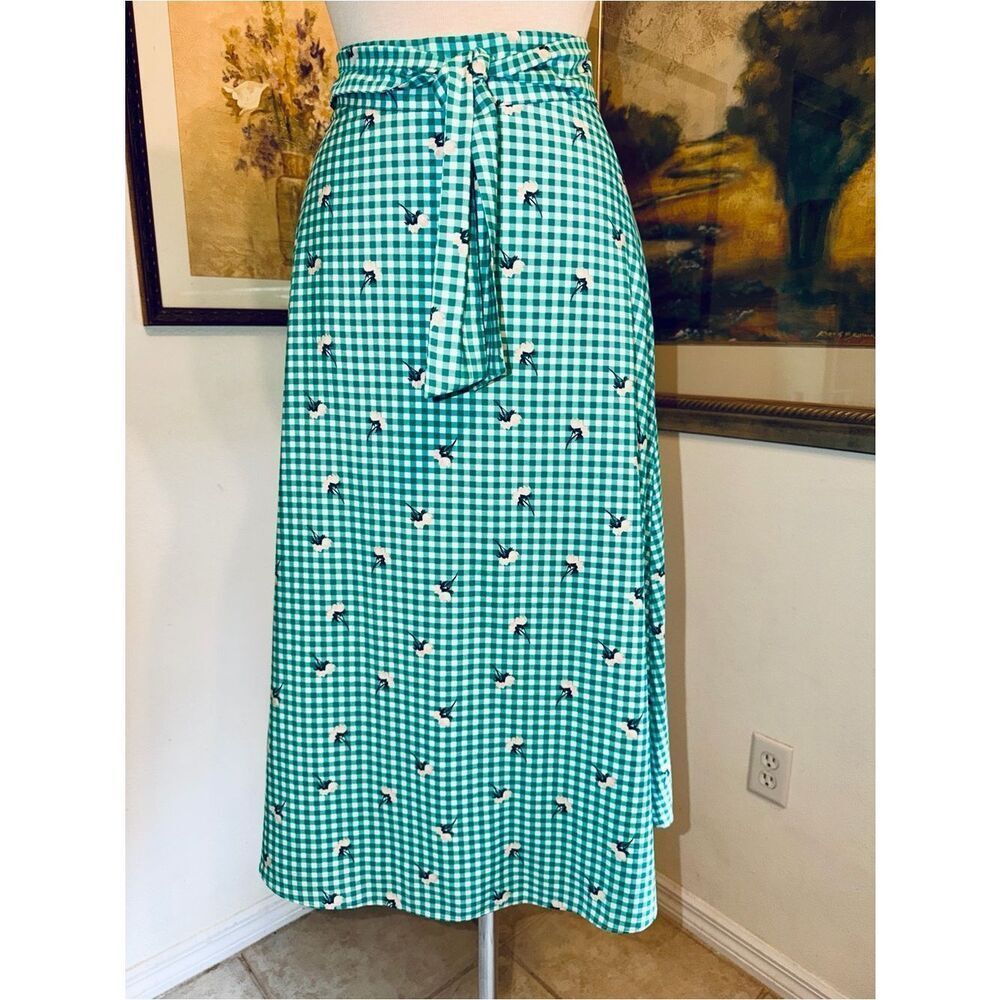 ANN TAYLOR Factory Green/White Checker Floral Tie-Waist Skirt Size 12 - Picture 13 of 15